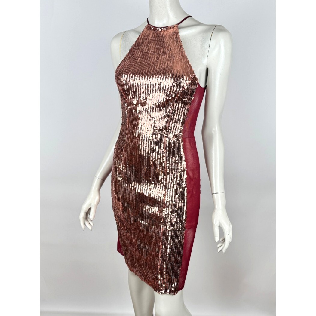 Galvan Sequin Sheer Panel Dress Women 4 Euc $1495 Altered* Rose Gold Zip Closure